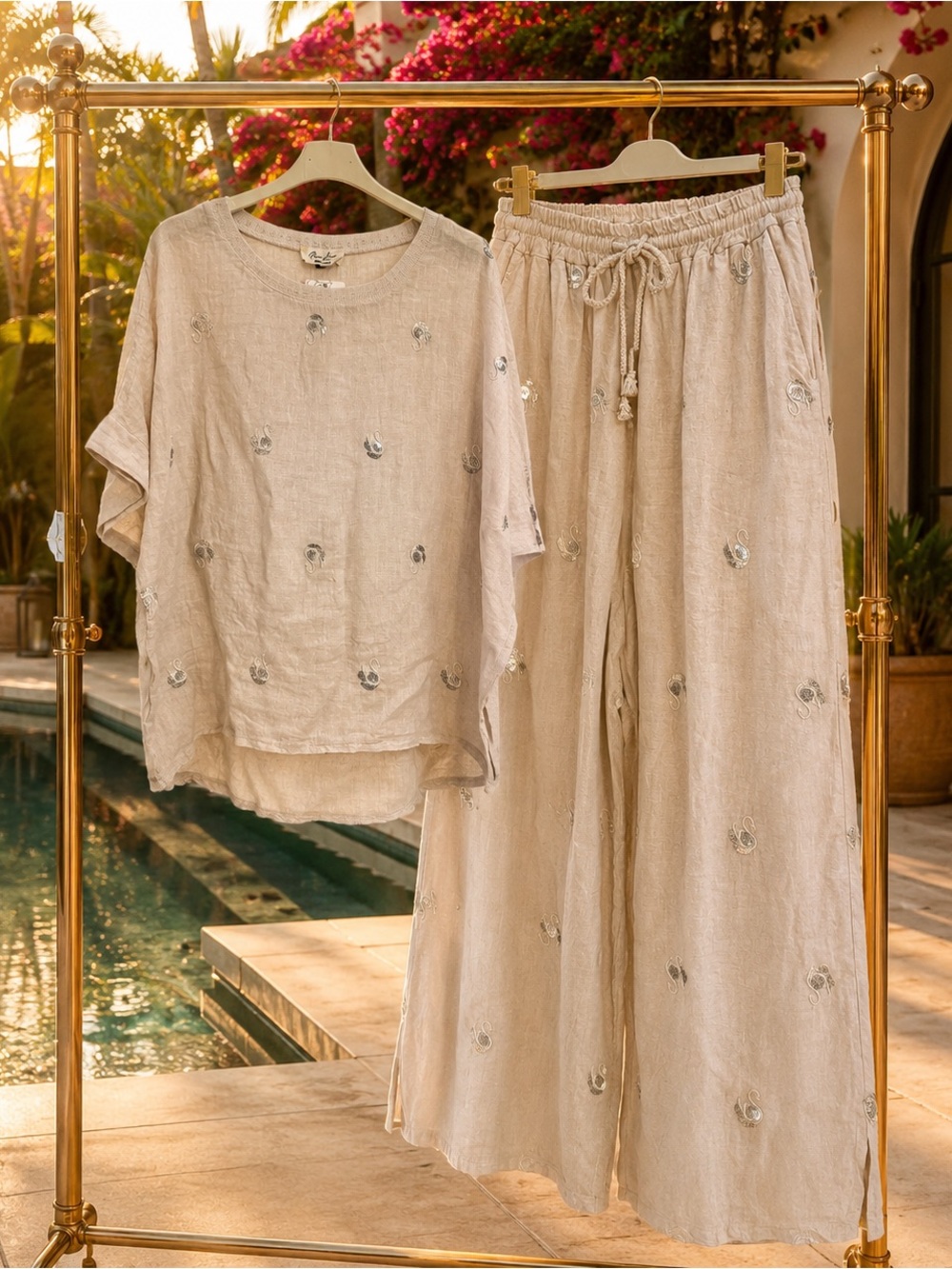 Made In Italy 2 Piece Linen Oversized Top & Wide Leg Pants Beige